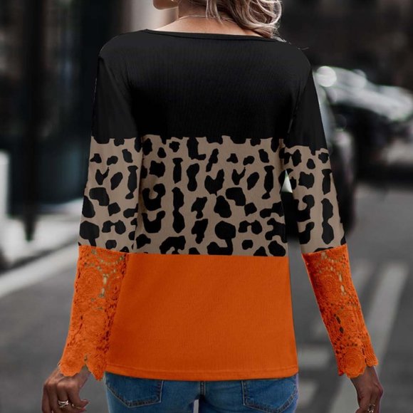 LA MODE | Off-Black & Orange Leopard Color Block Long Sleeve (Size: Large) - Picture 2 of 12
